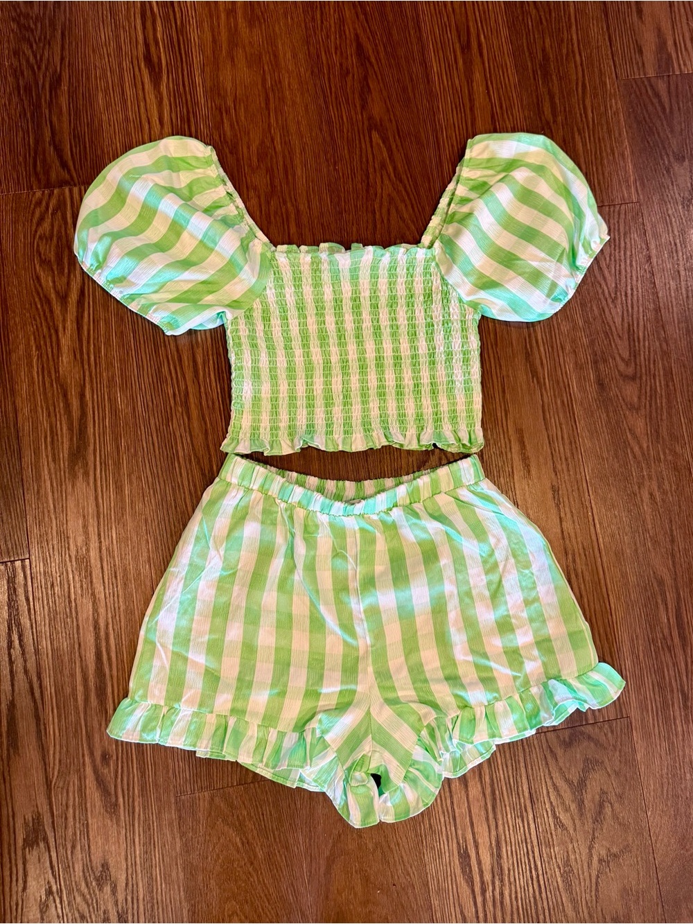 Checkered Stripe Ruffled Puff Sleeve Top And Short Set